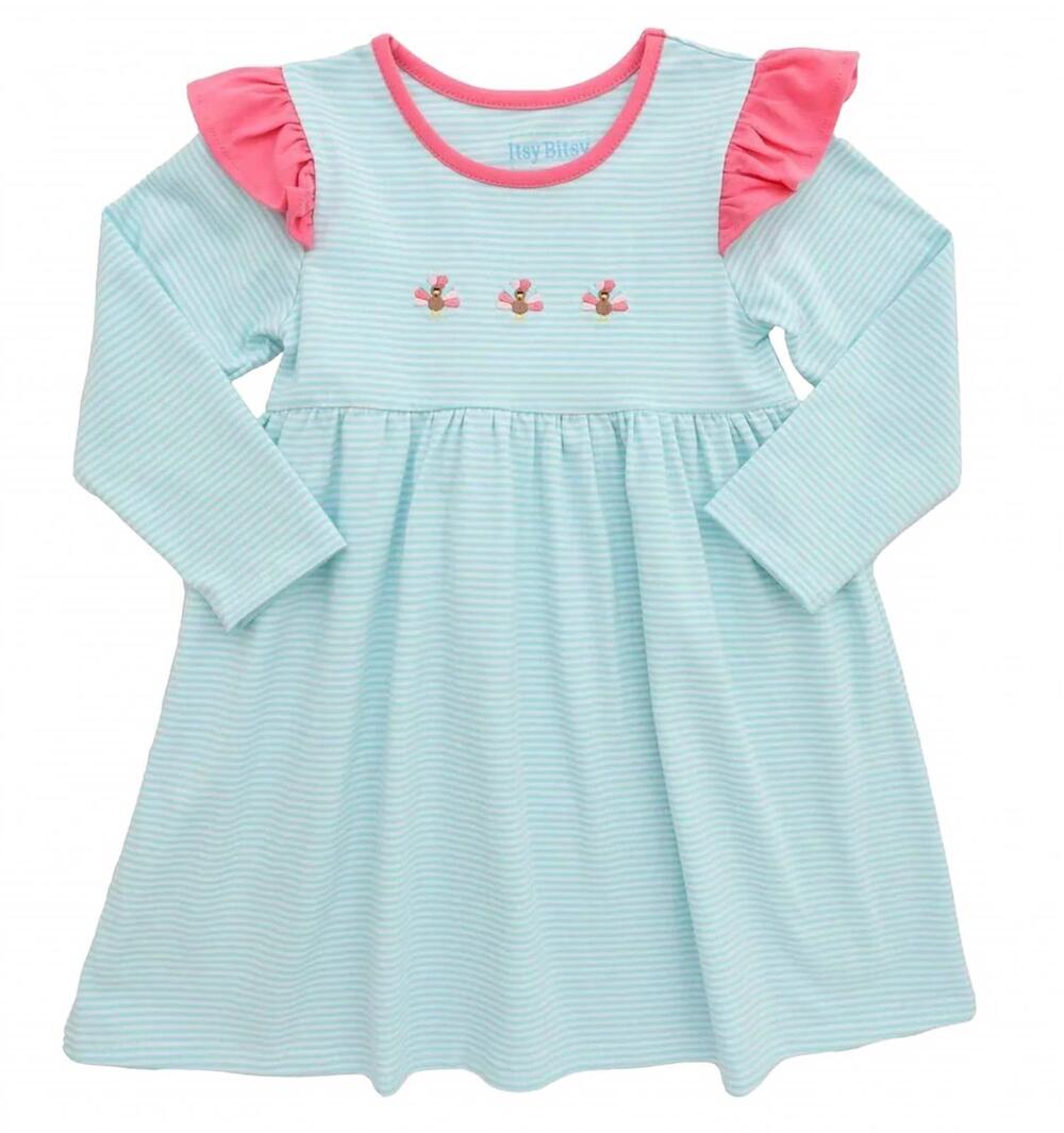 NEW ITSY BITSY girl's turkey ruffle dress in blue